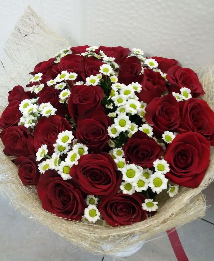 Букет № 267, красные розы и белые кустовые хризантемы